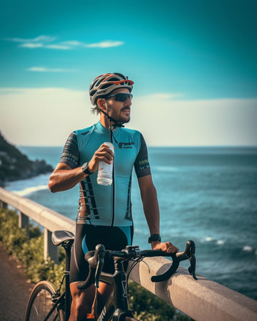 Confident male athlete drinking water while relaxing after morning training seaside : Generative AIの素材