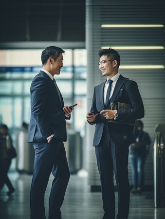 Business talk Smiling young man holding digital tablet and discuss something with man sitting opposite him in the rest area of the office : Generative AIの素材