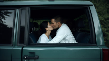 Beautiful young loving couple embracing while standing near minivan outdoors : Generative AIの素材