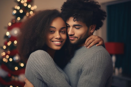 Beautiful young African woman embracing her boyfriend and smiling while spending time at home : Generative AIの素材