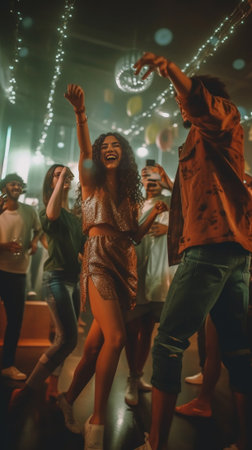 Beautiful young people dancing and smiling while spending time on party : Generative AIの素材