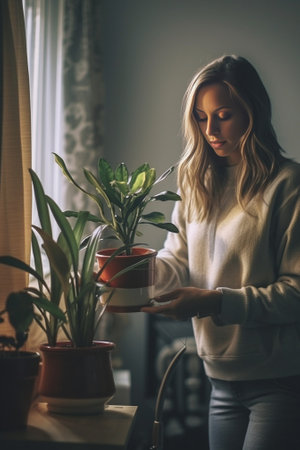 Beautiful young woman watering houseplants while standing at the domestic room : Generative AIの素材