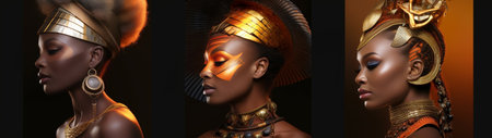 African queen Collage of beautiful young African woman in ethnic style expressing different emotions while standing against black background : Generative AIの素材