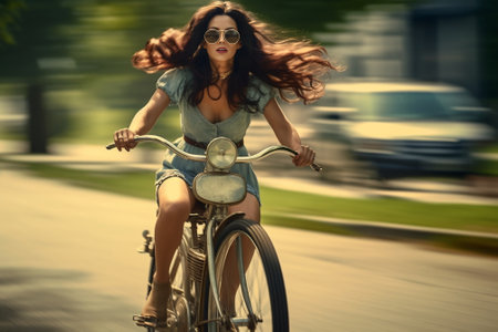 Bicycle ride Closeup of woman riding a vintage bicycle : Generative AIの素材