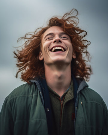 Cheerful young redhead man looking at camera and smiling with sky in the background : Generative AIの素材