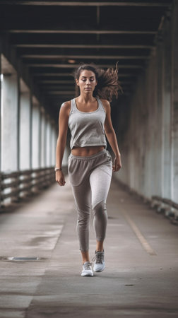 Challenging herself Full length of attractive young woman in sport clothing keeping eyes closed while running under the bridge outdoors : Generative AIの素材