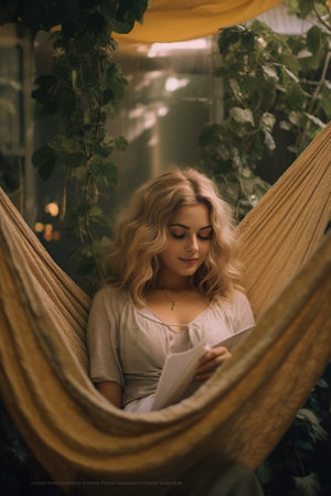 Beautiful young woman reading book while relaxing in big hammock at home : Generative AIの素材