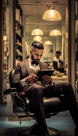 Checking clients list Young handsome man using his digital tablet while standing at barbershop : Generative AIの素材