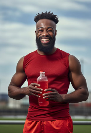 Closeup of happy African man in sportswear using smart phone while having a break after training : Generative AIの素材