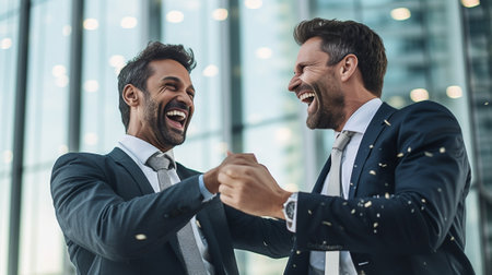 Business communication Two cheerful business men talking to each other and gesturing : Generative AIの素材