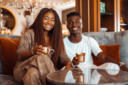 Beautiful young African couple watching TV and smiling while spending time at home : Generative AIの素材