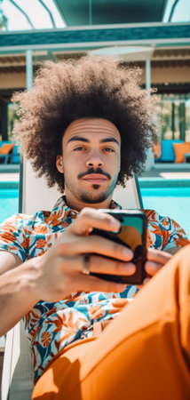 Chatting with friends Cropped image of man sitting poolside and typing something on mobile phone : Generative AIの素材