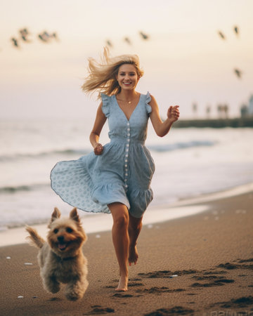 Catch it Full length of beautiful young woman playing with her dog and smiling while running outdoors : Generative AIの素材
