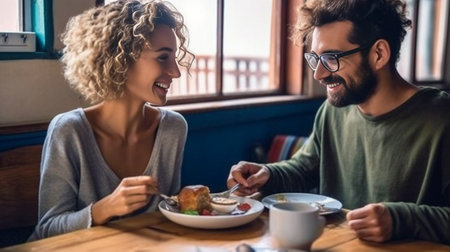 Beautiful young woman looking happy while being served breakfast by her boyfriend : Generative AIの素材