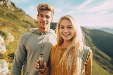 Beautiful day Modern young couple having morning coffee while spending time by the campfire in mountains : Generative AIの素材