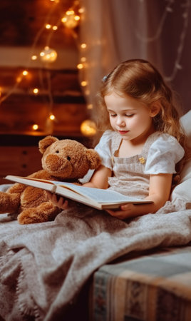 Amazing story Surprised little girl reading a book while sitting at the table : Generative AIの素材