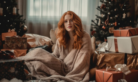 Beautiful woman looking happy while sitting in bed with gift boxes laying near her : Generative AIの素材