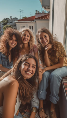 Best friends Four young cheerful people bonding to each other and smiling while sitting on the roof of the building together : Generative AIの素材