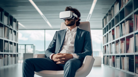 Another reality is here Handsome young man with long hair adjusting his virtual reality headset while sitting at his desk in creative office : Generative AIの素材