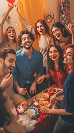 Close friends Group of young people giving each other highfive in a symbol of unity and smiling while having a dinner party indoors : Generative AIの素材