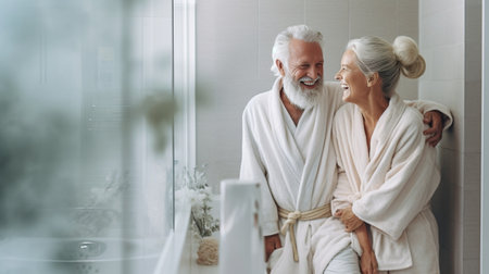 Cheerful mature couple in bathrobes enjoying fruits and wine while relaxing in luxury resort : Generative AIの素材
