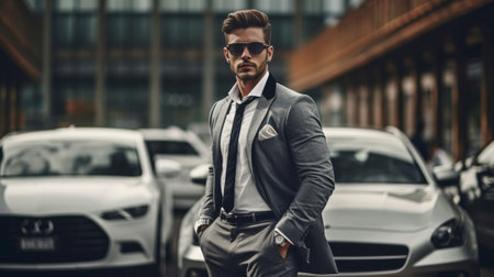 Brand new car Handsome young businessman entering his car while standing outdoors : Generative AIの素材