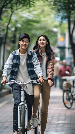 Always together Beautiful young couple in casual wear cycling together while spending carefree time outdoors : Generative AIの素材
