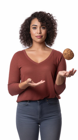 Catch that snack Beautiful young woman throwing an apple and smiling while standing against grey background : Generative AIの素材