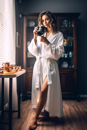 Charming bride Attractive young woman in silk bathrobe and veil smiling while taking selfie near the window : Generative AIの素材