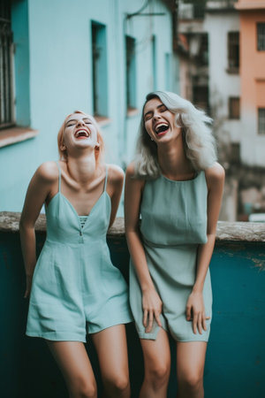 Carefree fun Two cheerful young women making faces while standing outdoors : Generative AIの素材