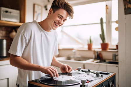 Closeup of happy multiracial man putting vinyl record on turntable : Generative AIの素材