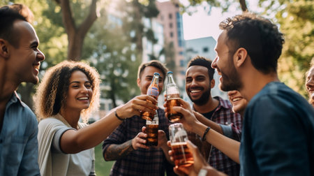 Cheers Group of cheerful young people eating pizza and cheering with beer while standing outdoors : Generative AIの素材