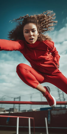 Challenging herself Modern young woman in sport clothing jumping while exercising outdoors : Generative AIの素材