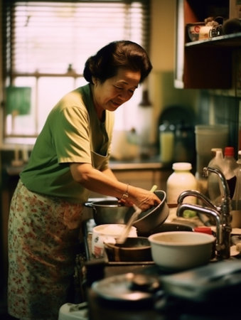 Cheerful senior woman washing dishes at the domestic kitchen : Generative AIの素材