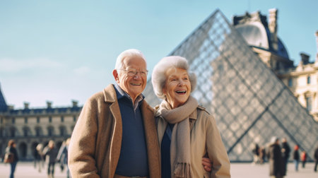 Close up rear view of active senior couple using global positioning system : Generative AIの素材