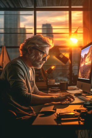 Concentrated mature man looking at computer monitor while working in the modern office : Generative AIの素材