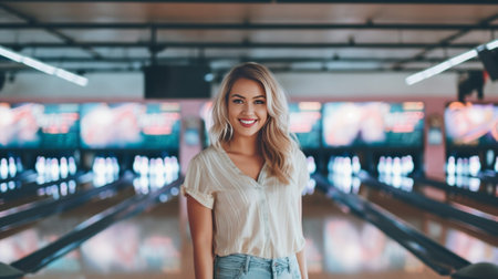 Choosing a ball Cheerful young women choosing bowling ball and smiling while standing against bowling alleys : Generative AIの素材