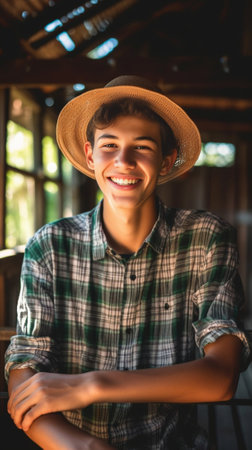 Calm and confident Handsome young man wearing hat and looking at camera while sitting against the wooden wall : Generative AIの素材