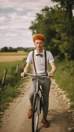Carefree talk with friends Handsome young man in fedora standing near his bicycle while talking to his friends outdoors : Generative AIの素材