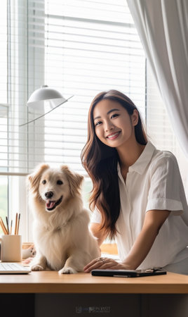 Cheerful young woman spending time with her cute dog while sitting at the kitchen island : Generative AIの素材