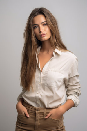 Confident and beautiful Attractive young woman in casual wear looking at the camera and holding her long hair while standing against grey background : Generative AIの素材
