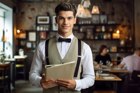 Cheerful waiter Handsome young waiter in shirt and bow tie holding a plate with salad and smiling : Generative AIの素材