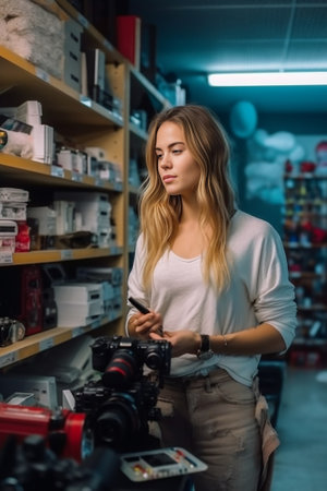 Concentrated young woman with tape measure on her neck looking at fashion magazine and holding digital camera while standing near the desk in her workshop : Generative AIの素材