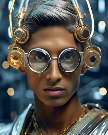 Confident Indian wearing futuristic eyeglasses while standing against background : Generative AIの素材