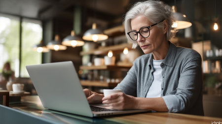 Concentrated senior businesswoman using laptop while sitting at her working place : Generative AIの素材