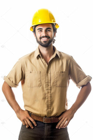 Confident contractor Confident young male carpenter in hardhat and protective eyewear carrying wooden balk on shoulder while standing against white background : Generative AIの素材