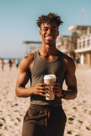 Confident male athlete drinking water while relaxing after morning training seaside : Generative AIの素材