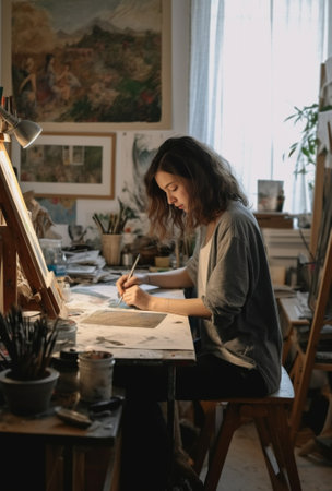 Close up top view of young woman working on sketches while sitting in her workshop : Generative AIの素材