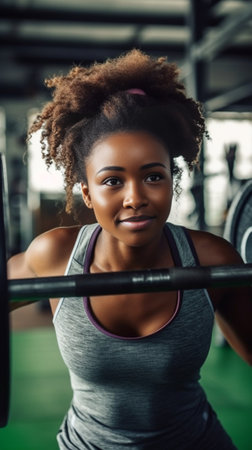 Concentrated young African woman lifting weights while exercising in gym : Generative AIの素材