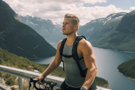 Confident young man in sports clothing pulling his bicycle down by mountain hill : Generative AIの素材